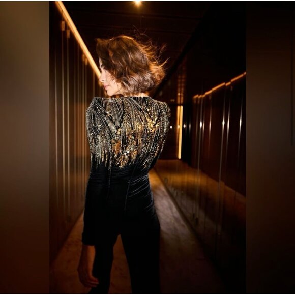 Nadine Merabi Katarina Black Gold Sequin Jumpsuit S/M NWT $545 - Picture 9 of 13